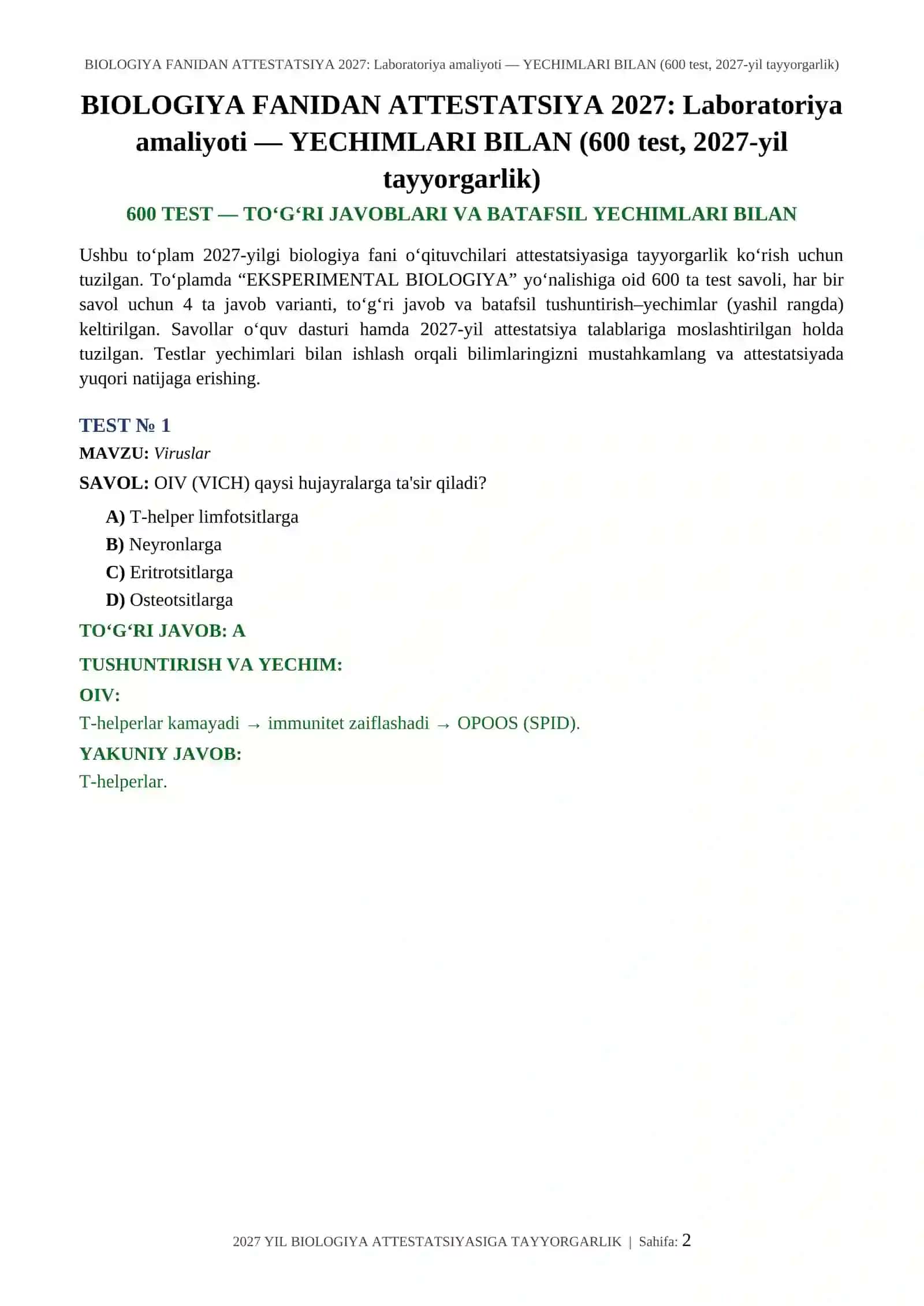 BIOLOGIYA FANIDAN ATTESTATSIYA 2027: Laboratoriya amaliyoti — YECHIMLARI BILAN (600 test, 2027-yil tayyorgarlik) 2