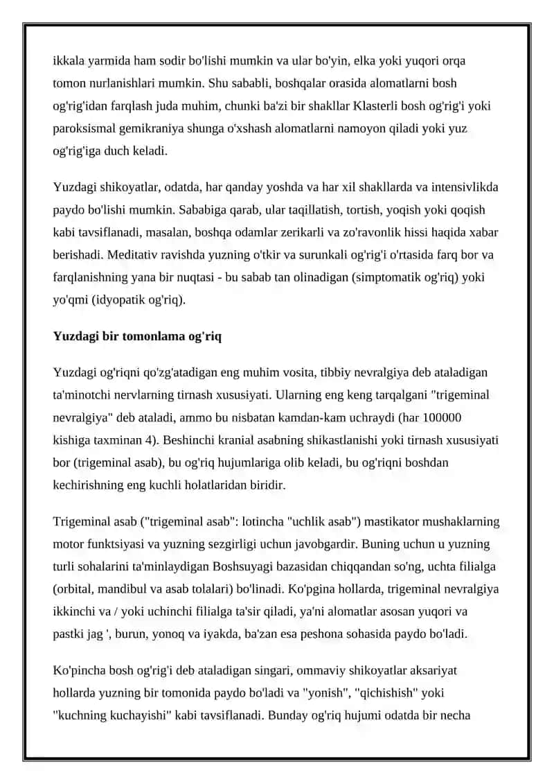 YUZDAGI OG'RIQ SINDROMI: SABABLARI, BELGILARI VA DAVOLASH 2