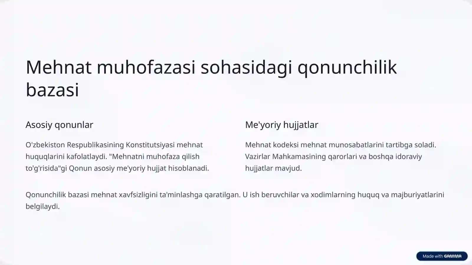 O'zbekiston Respublikasida mehnat muhofazasining hozirgi holati va istiqbollari 2