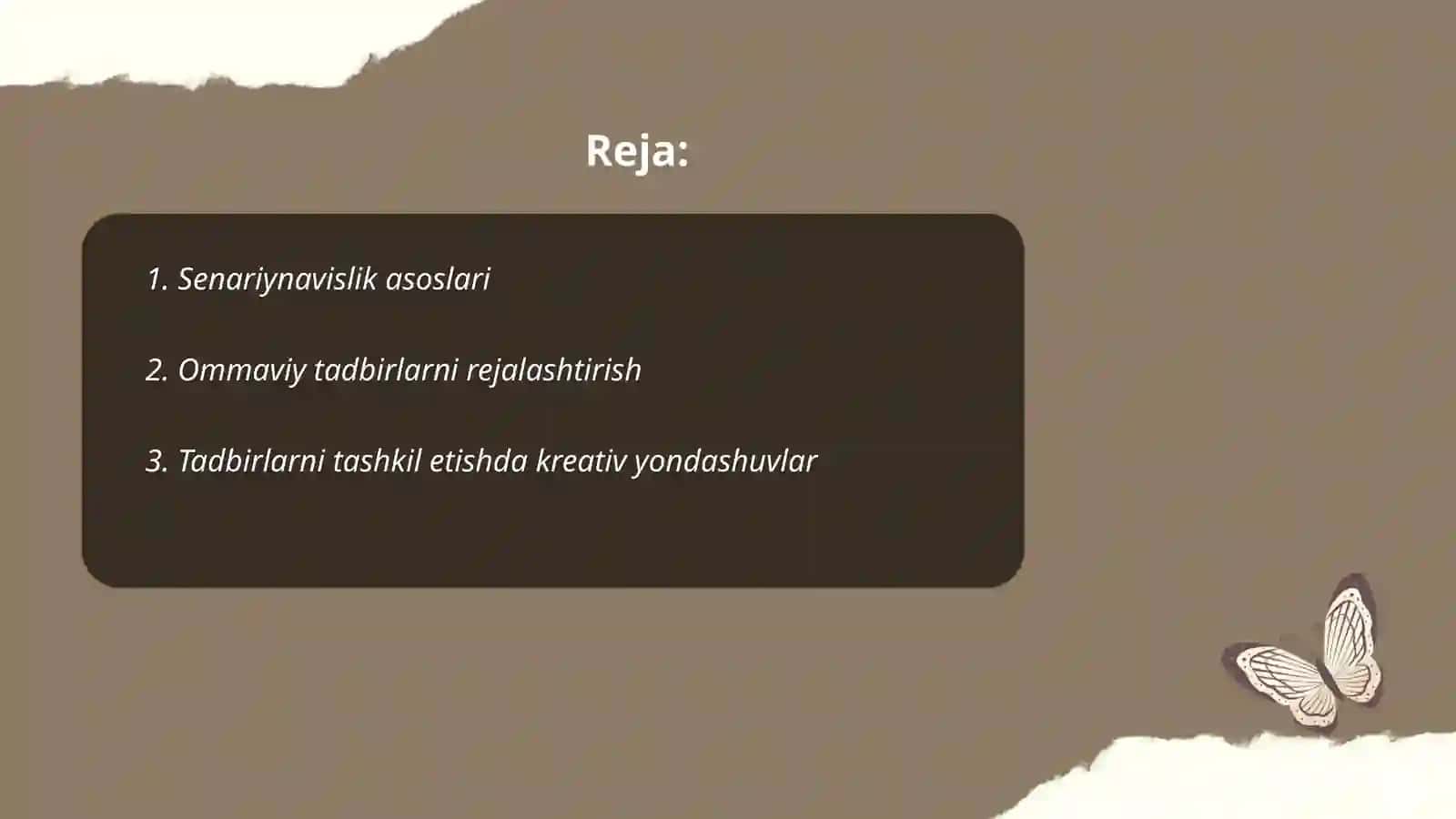 Senariynavislik va ommaviy tadbirlarni tashkil etishda so'z vositasi musiqa tasviriy bezak turli xil shovqinlardan foydalanish 2