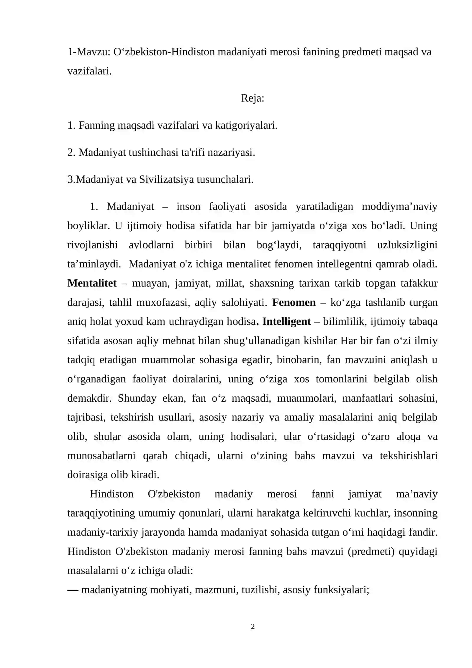 O‘zbekiston-Hindiston madaniyati merosi fanining predmeti maqsad va vazifalari 2