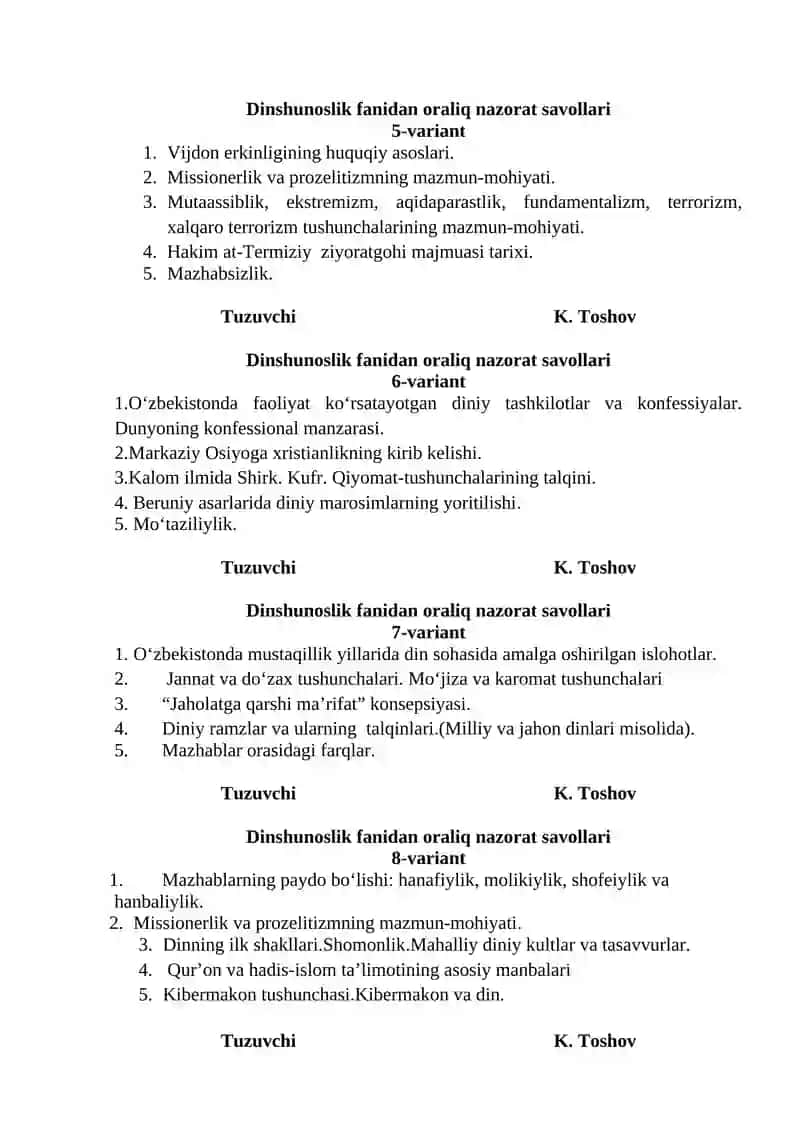 Dinshunoslik fanidan oraliq nazorat savollari 2