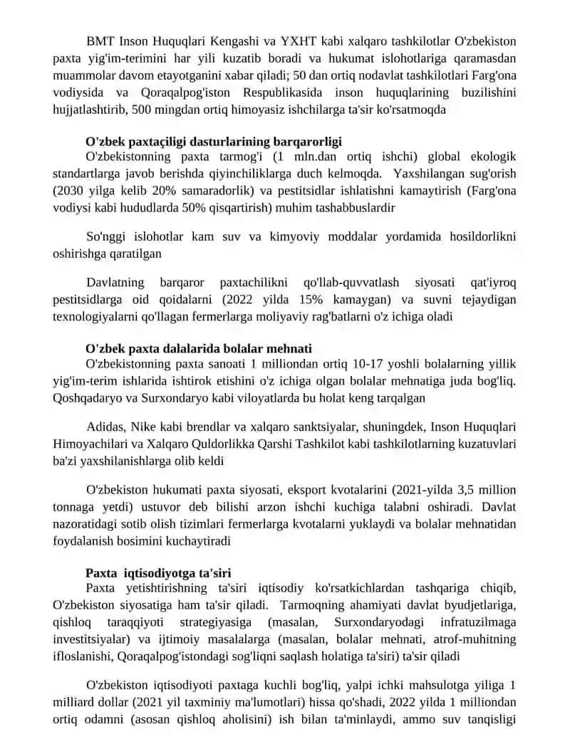 O'zbekiston paxta siyosati 2