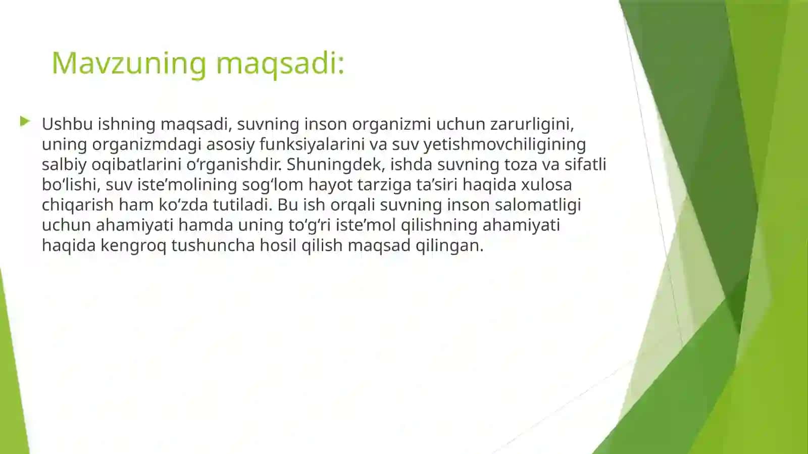 Suvning inson hayotidagi ahamiyati 2