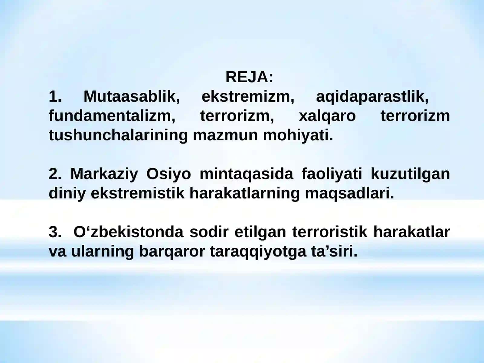 Diniy fanatizm, ekstremizm, fundamentalizm, terrorizmning tarixi va ularning hozirgi davrda xavfsizlikga tahdidi 2