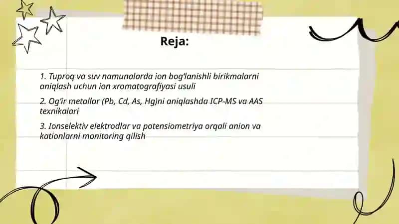 Tuproq va suvning ifloslanishida ion bog`lanishli birikmalarni aniqlab ulardan tozalash usulini ishlab chiqish 2