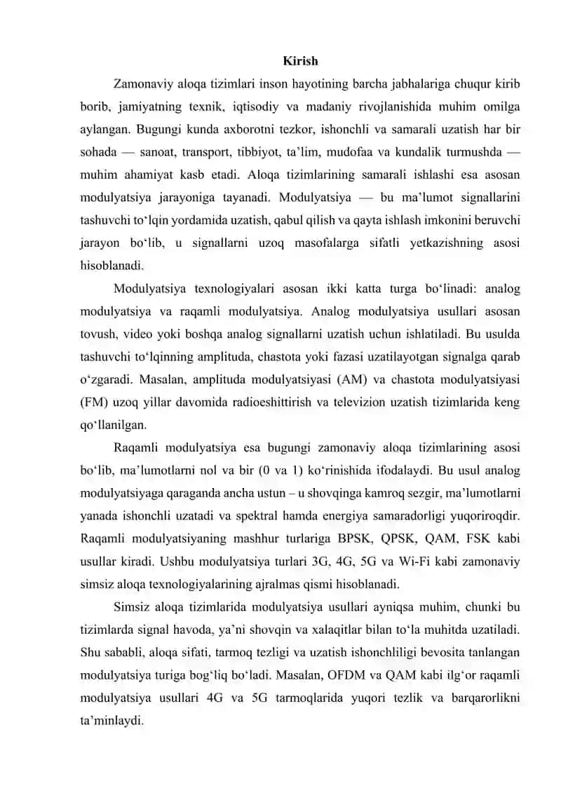 Analog modulyatsiyalash turlari, ulaming o‘zga xos xususiyatlari. Raqamli modulyatsiyalash turlari, ulaming o‘zga xos xususiyatlari. Simsiz aloqa tizimlarida ishlatiladigan raqamli modulyatsiyalash turlari. 2