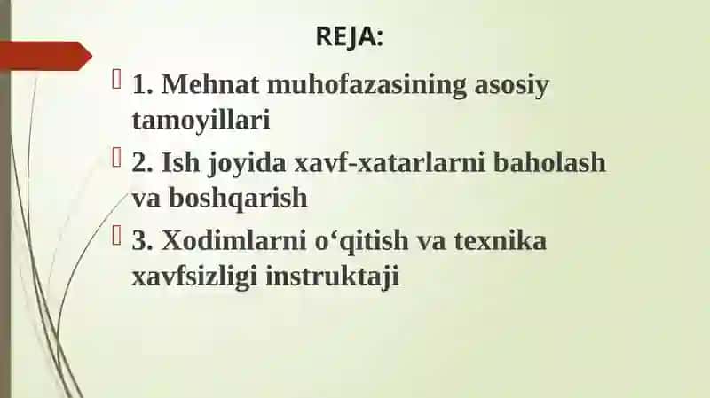 MAVZU:ISHLAB CHIQARISHDA SOG`LOM XAVFSIZ MEHNAT QILISH SHAROITINI YARATISH 2