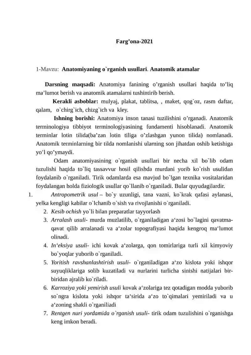 Odam anatomiyasi fanidan amaliy mashg’ulot ishlanmasi 2