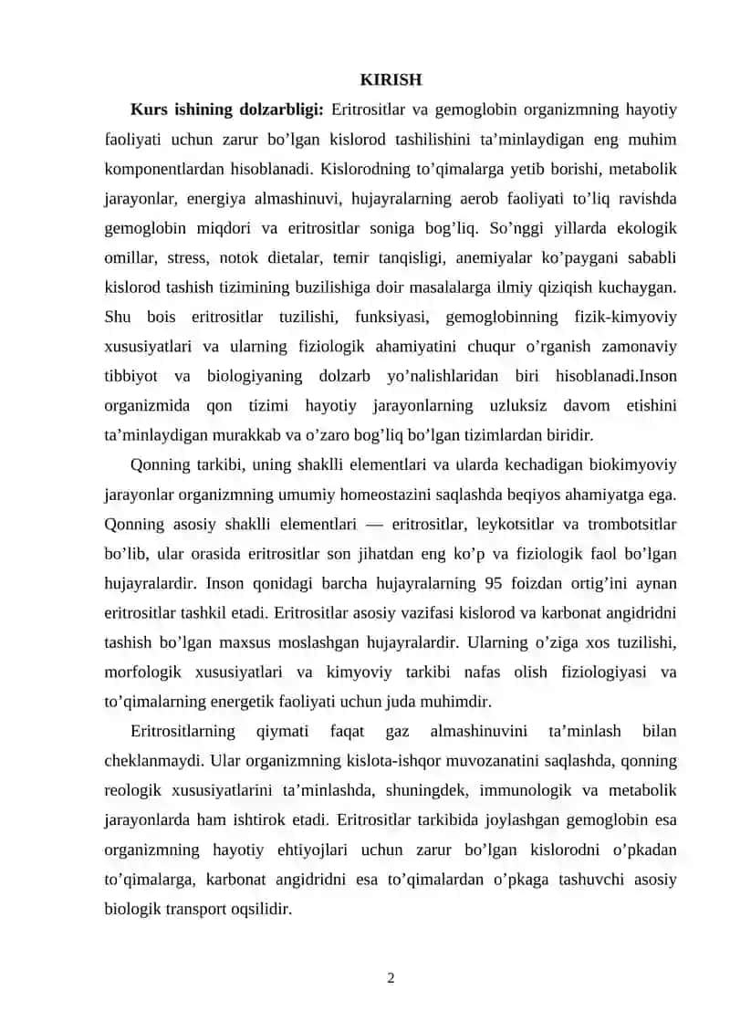 Eritrositlar va gemoglobinning fiziologik ahamiyati 2