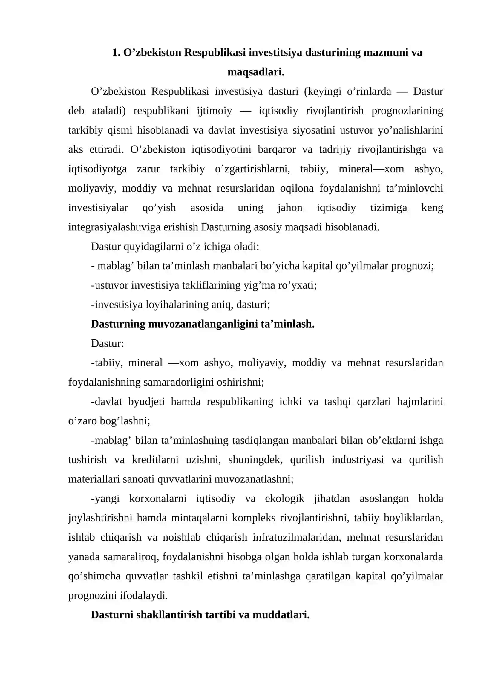 O’zbеkistоn Rеspublikasi invеstitsiya dasturining mazmuni va maqsadlari 2
