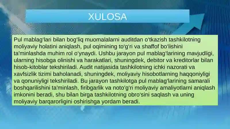 Pul mablag‘lari bilan bog‘liq muomalalarni auditdan o‘tkazish 2