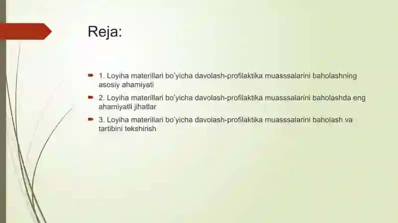 Loyiha Materillari bo’yicha Davolash-Profilaktika Muasssalarini Baholash 2