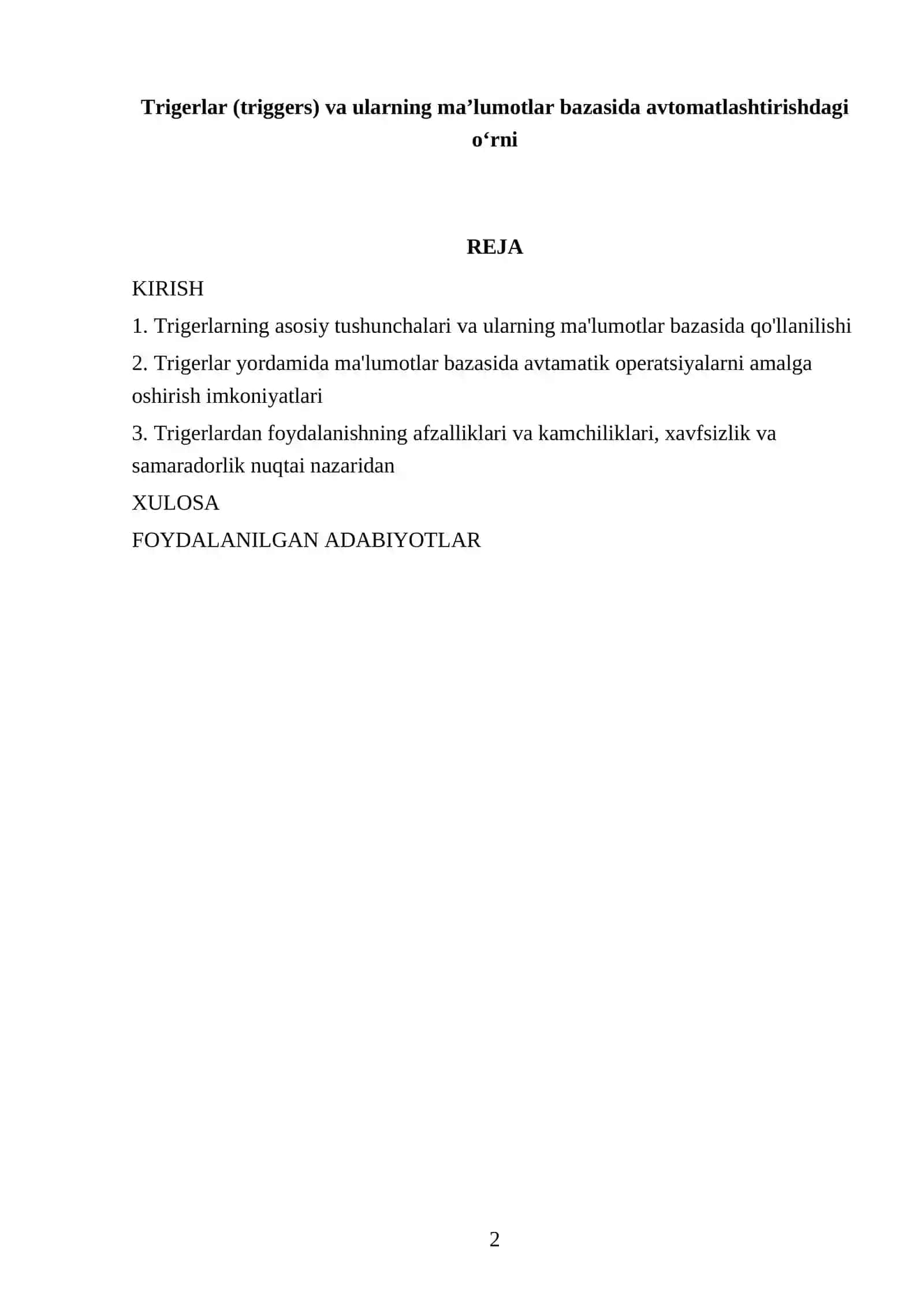 Trigerlar (triggers) va ularning ma’lumotlar bazasida avtomatlashtirishdagi o‘rni 2