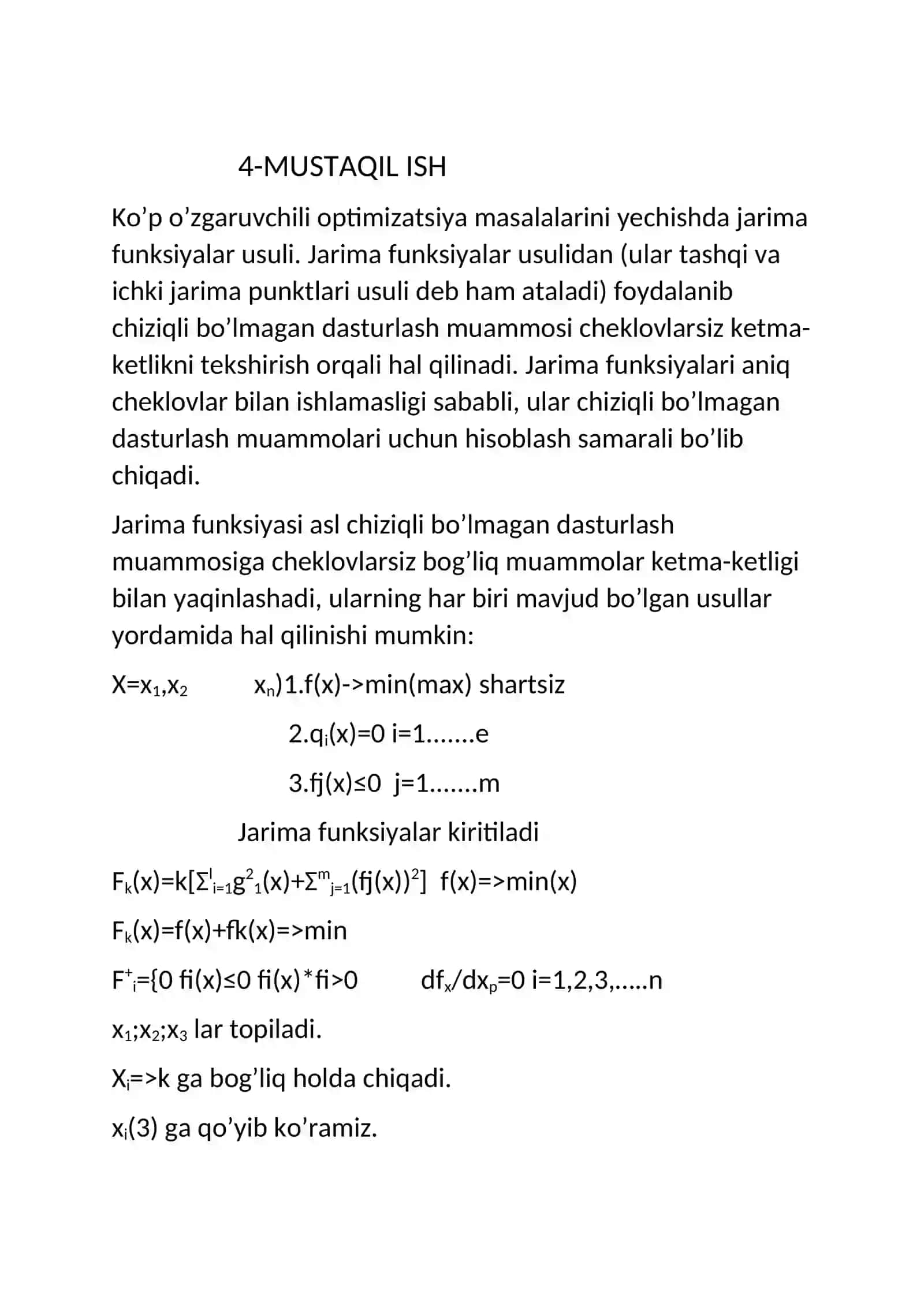 KO’P O’ZGARUVCHILI OPTIMIZATSIYA MASALALARINI YECHISHDA JARIMA FUNKSIYALAR USULI 2