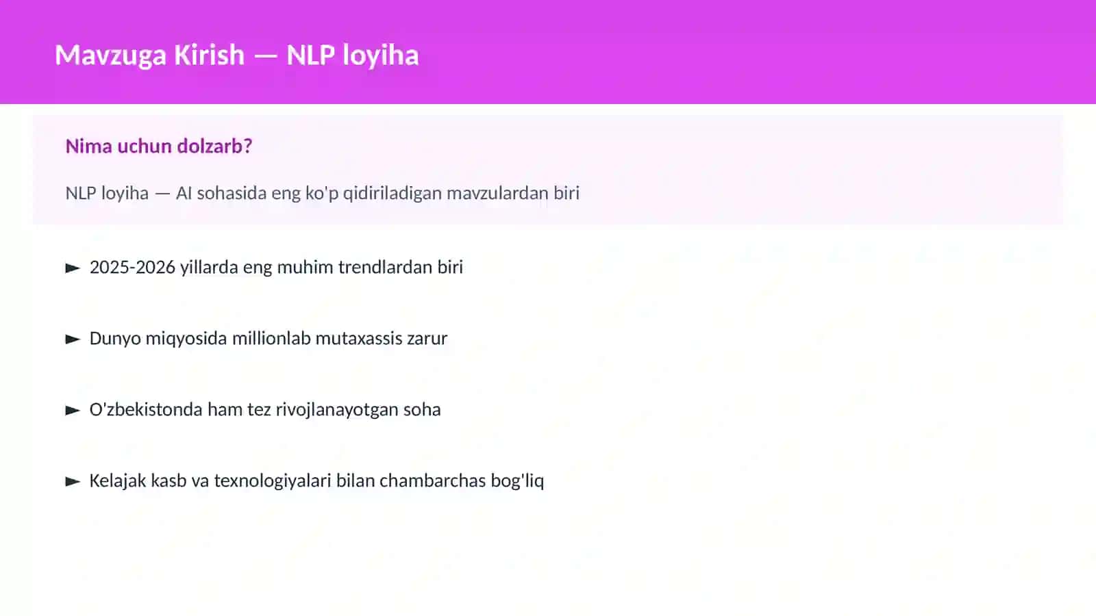 NLP loyiha — AI sohasida eng ko'p qidiriladigan mavzulardan biri 2