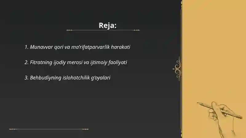 Jadid maʼrifatparvarlarining oʻlka ijtimoiy-manaviy hayotida tutgan oʻrni(Munavvar qori, Fitrat, Behbudiy, Avloniy) 2