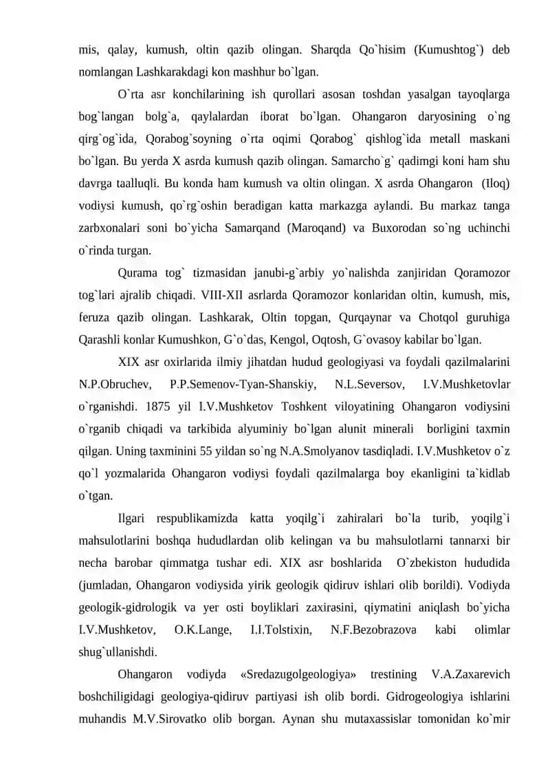 Ohangaron vodiysida tog`-kon sanoatining vujudga kelishi va rivojlanishi 2