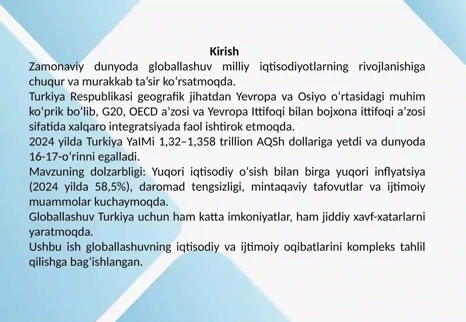 Globallashuv sharoitida Turkiyaning ijtimoiy-iqtisodiy rivojlanish xususiyatlari 2