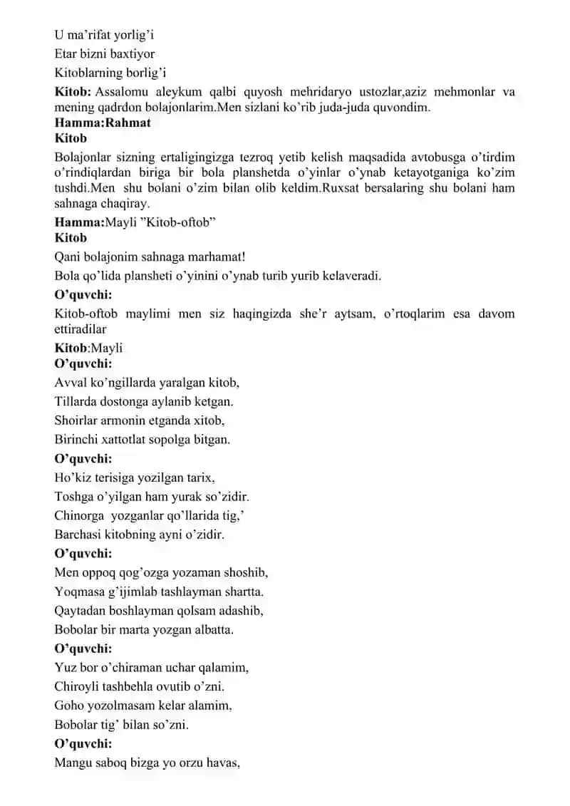 Kitob qalbni yoritar tadbir senariysi 2