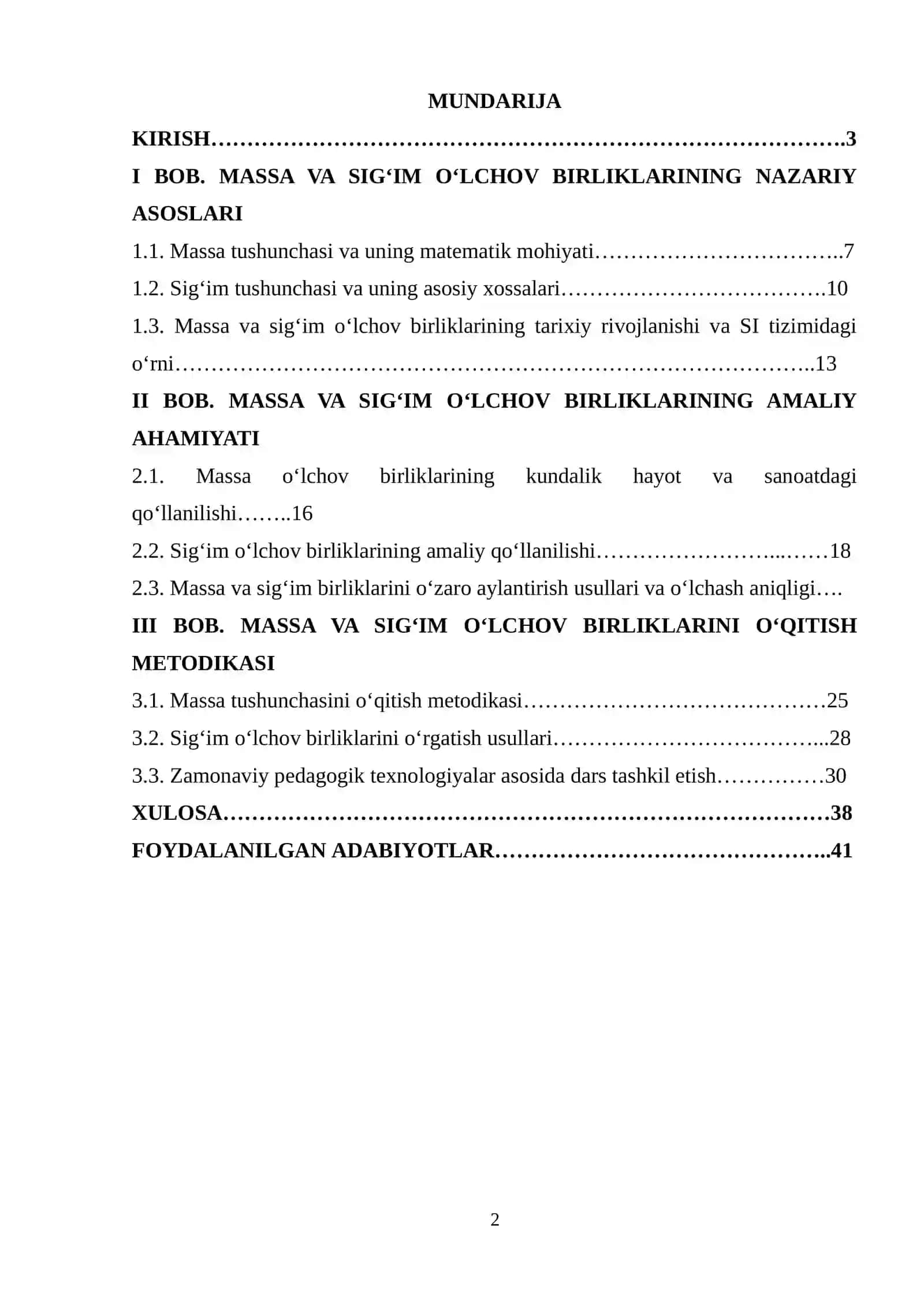 MATEMATIKA VA UNI O’QITISH METODIKASI FANIDAN “MASSA VA SIGʻIM OʻLCHOV BIRLIKLARI” MAVZUSIDAGI KURS ISHI 2