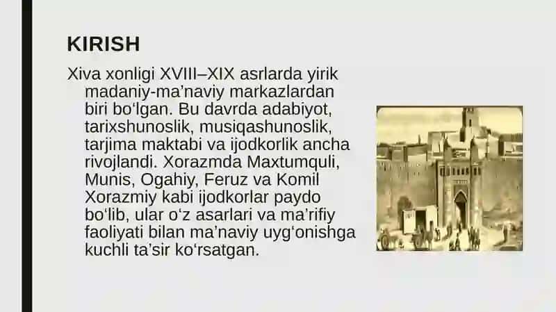 XIVA XONLIGIDA MADANIY-MAʼNAVIY UYG'ONISH: MAXTUMQULI, MUNIS, OGAHIY, FERUZ, KOMIL XORAZMIY TAQDIMOTI 2