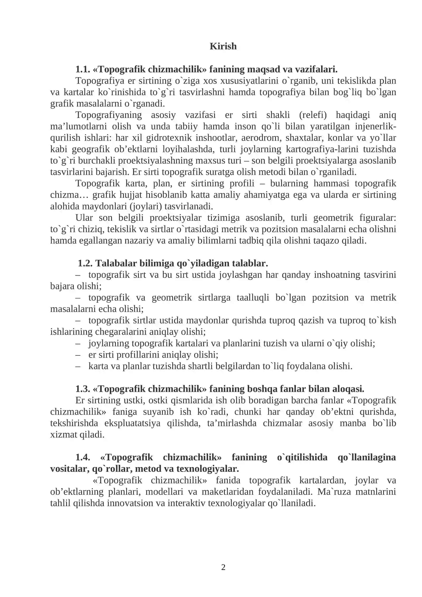 Topografik chizmachilik | O‘quv uslubiy kompleks va grafik topshiriqlar | DOC 2