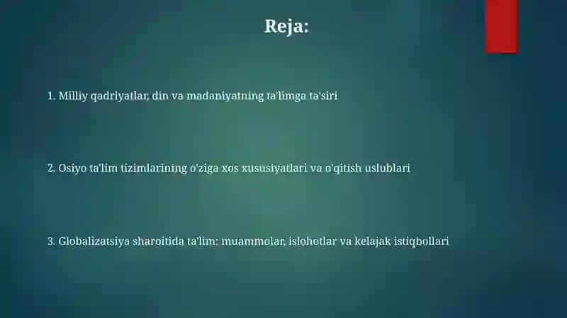 Osiyo mamlakatlarida ta’lim-tarbiya jarayoni 2