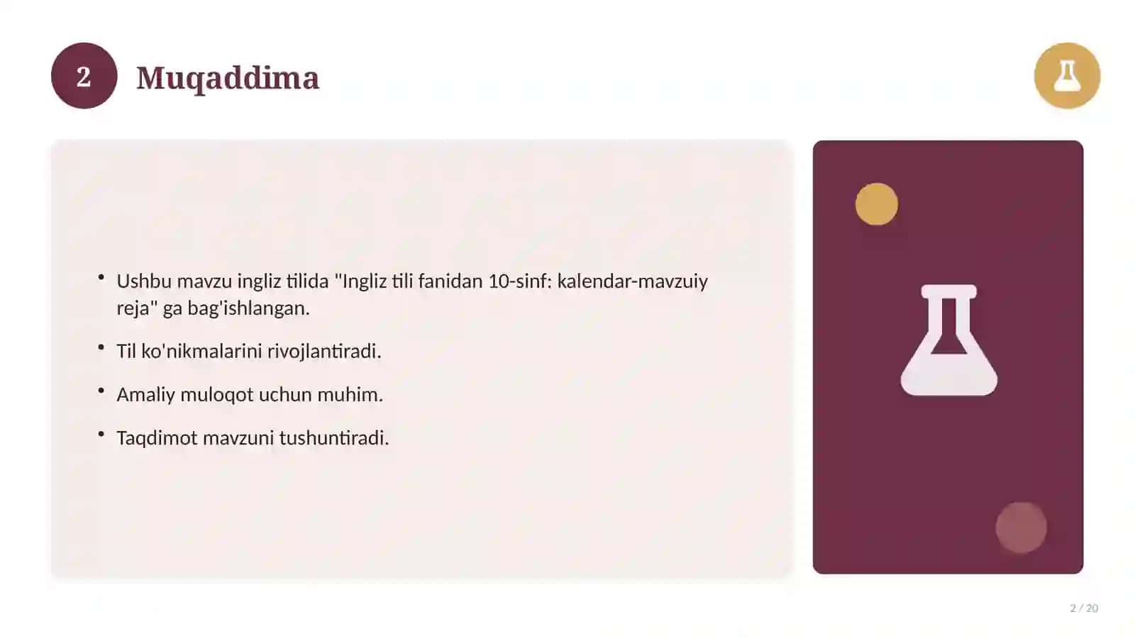 Ingliz tili fanidan 10-sinf: kalendar-mavzuiy reja 2