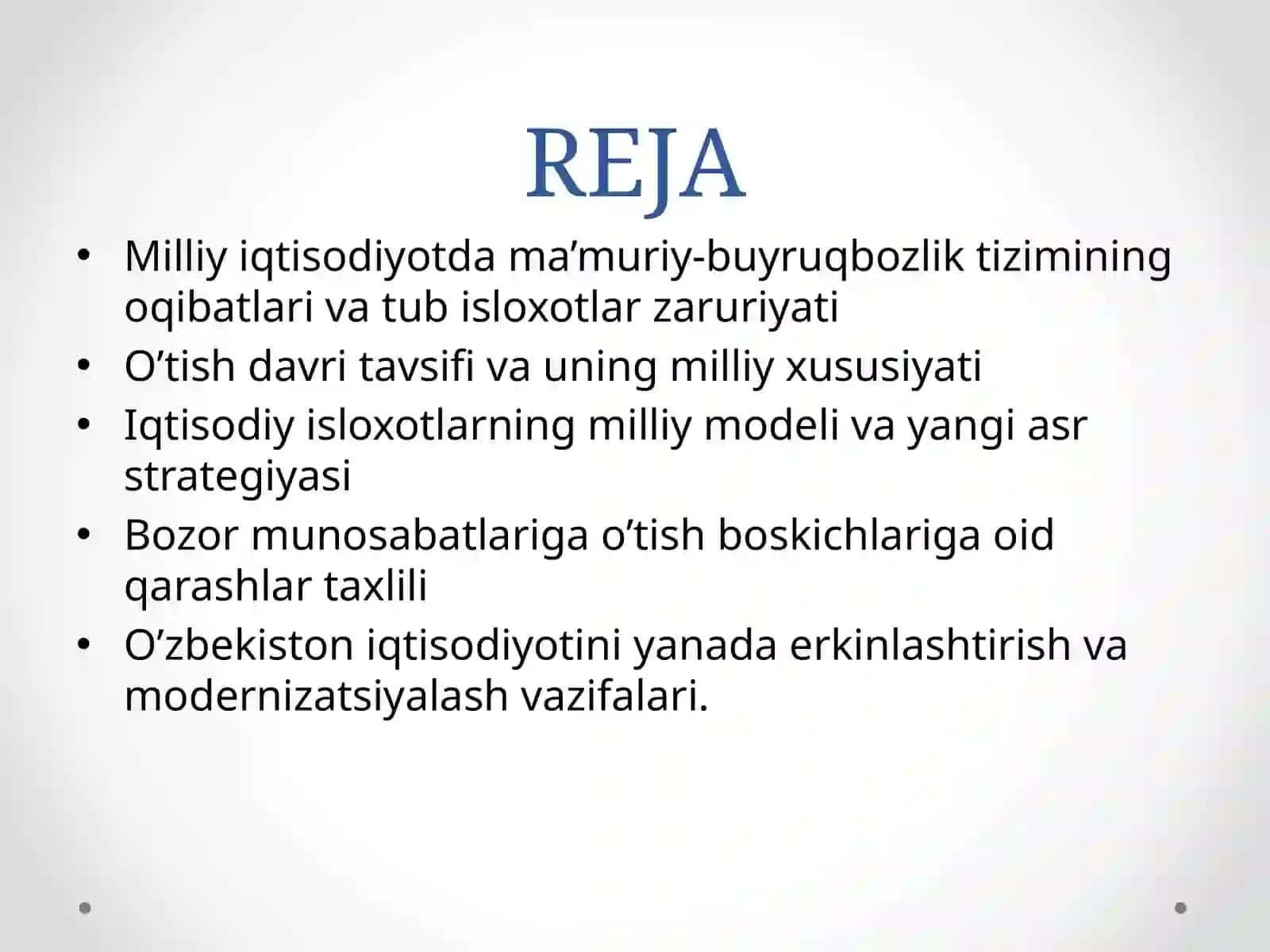 O’ZBEKISTON RESPUBLIKA-SIDAGI MA’MURIY - BUYRUQBOZLIK TIZIMIDAN BOZOR MUNOSABATLARIGA O’TISH DAVRI KONTSEPTSIYASI 2