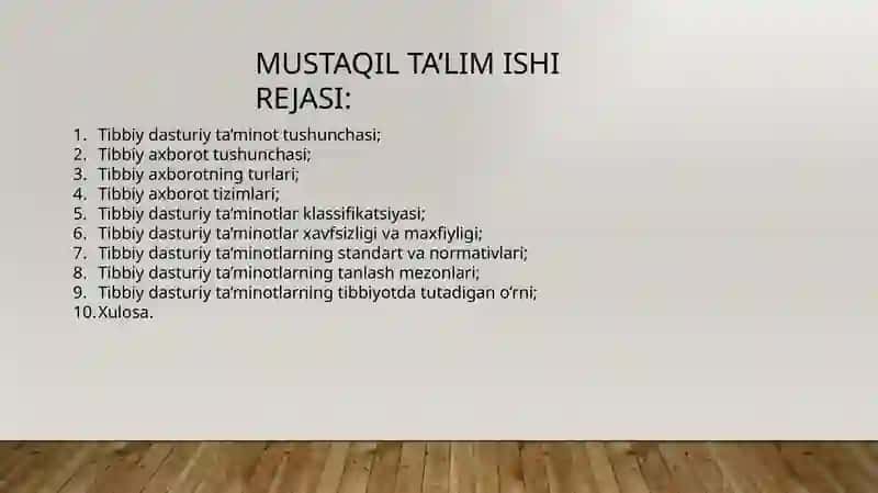Tibbiy dasturiy ta’minotning klassifikatsiyasi mavzusida taqdimot va mustaqil ish 2