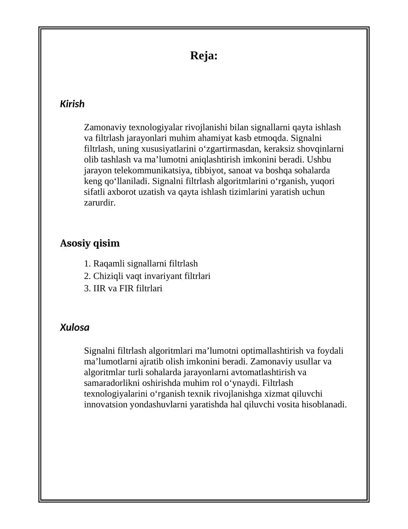 SIGNALARNI FILTRLASH ALGORITMLARINI O’RGANISH 2