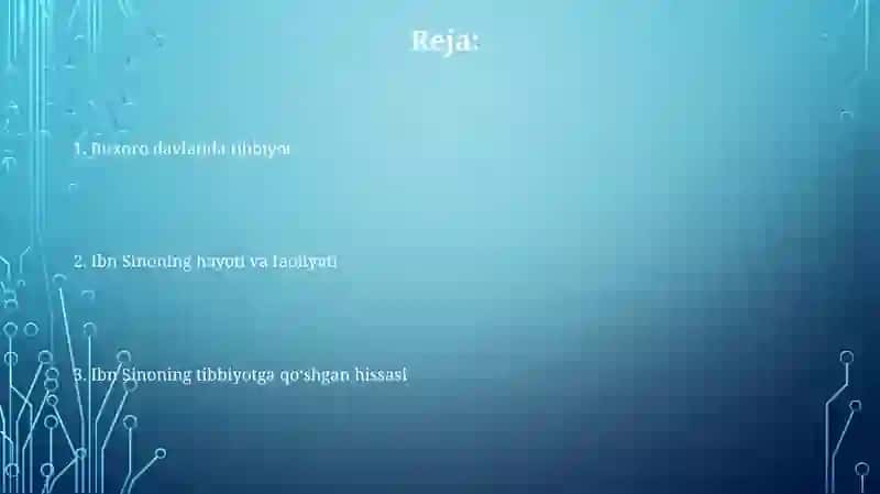 Buxoro davlatidagi tibbiyot. Ibn Sino hayoti, faoliyati. Ibn Sino tibbiyotga qoshgan hissasi 2