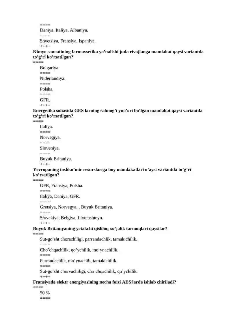 Jahon mamlakatlari iqtisodiy-ijtimoiy geografiyasi fanidan test savollari 2