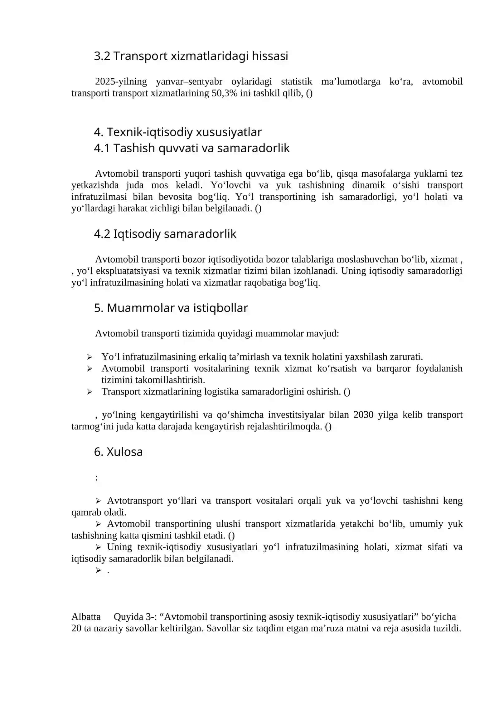 Avtomobil transportining asosiy texnik-iqtisodiy xususiyatlari 2