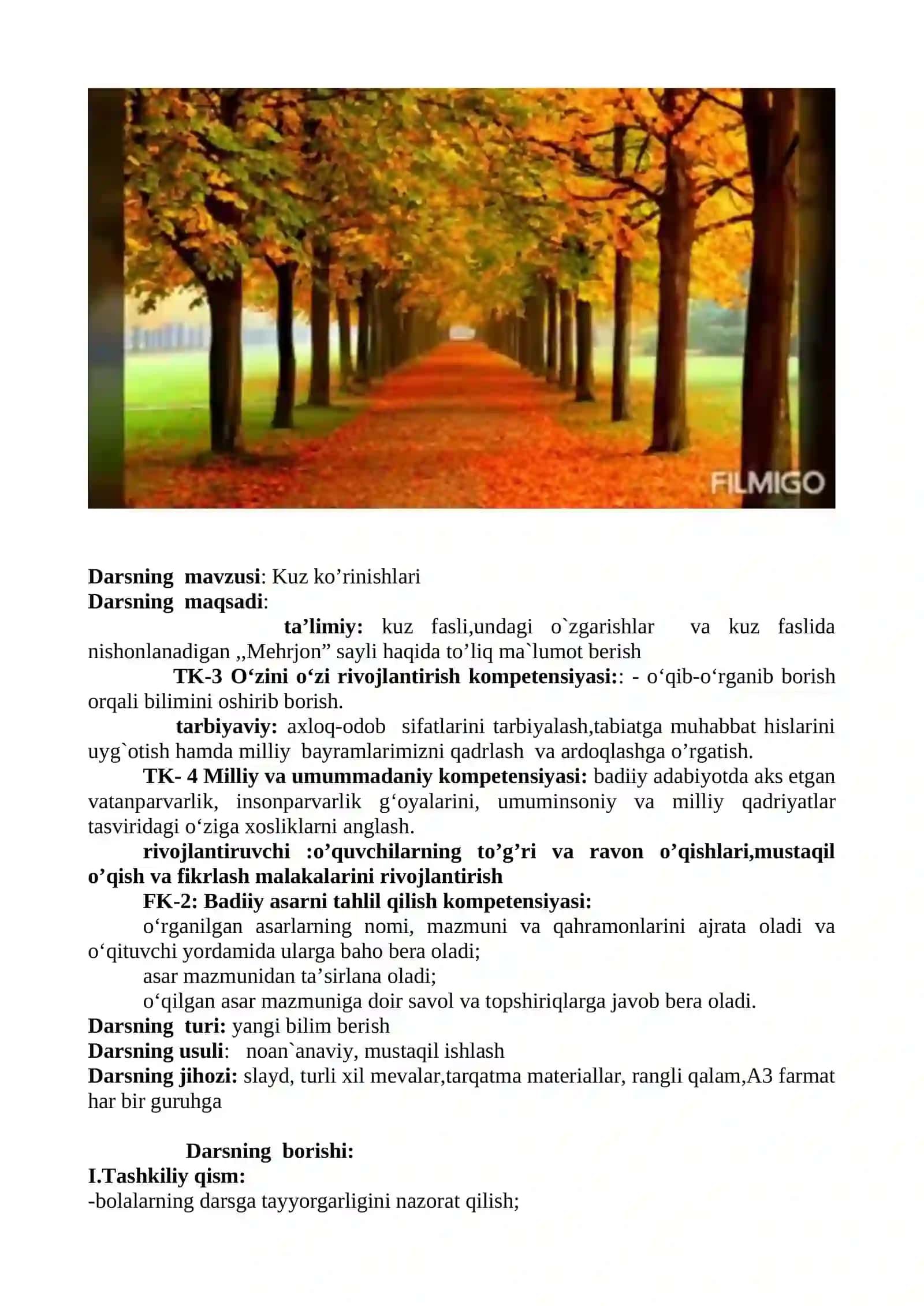 4-sinf O'qish fanidan Kuz ko'rinishlari mavzusida ochiq dars ishlanma 2
