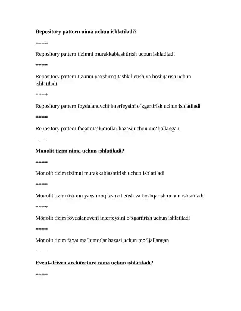Dasturiy ta’minot arxitekturasi fanidan 100 ta test savol 2