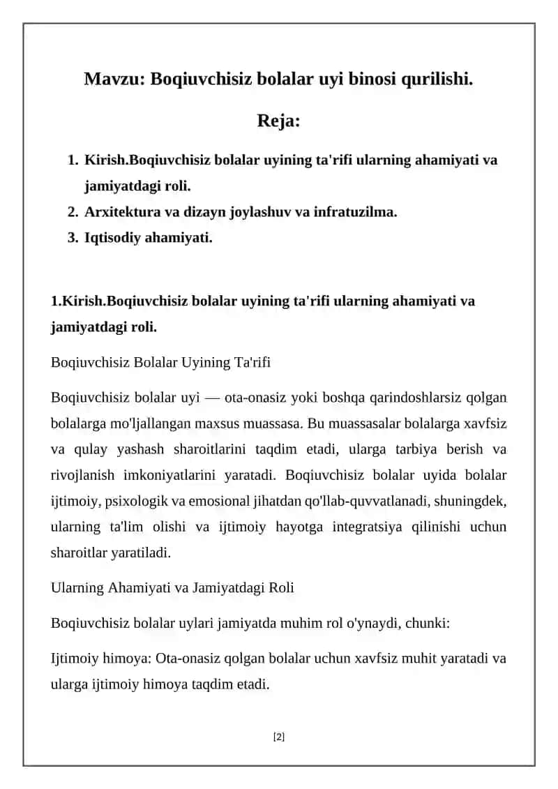 Boqiuvchisiz bolalar uyi qurilishi 2