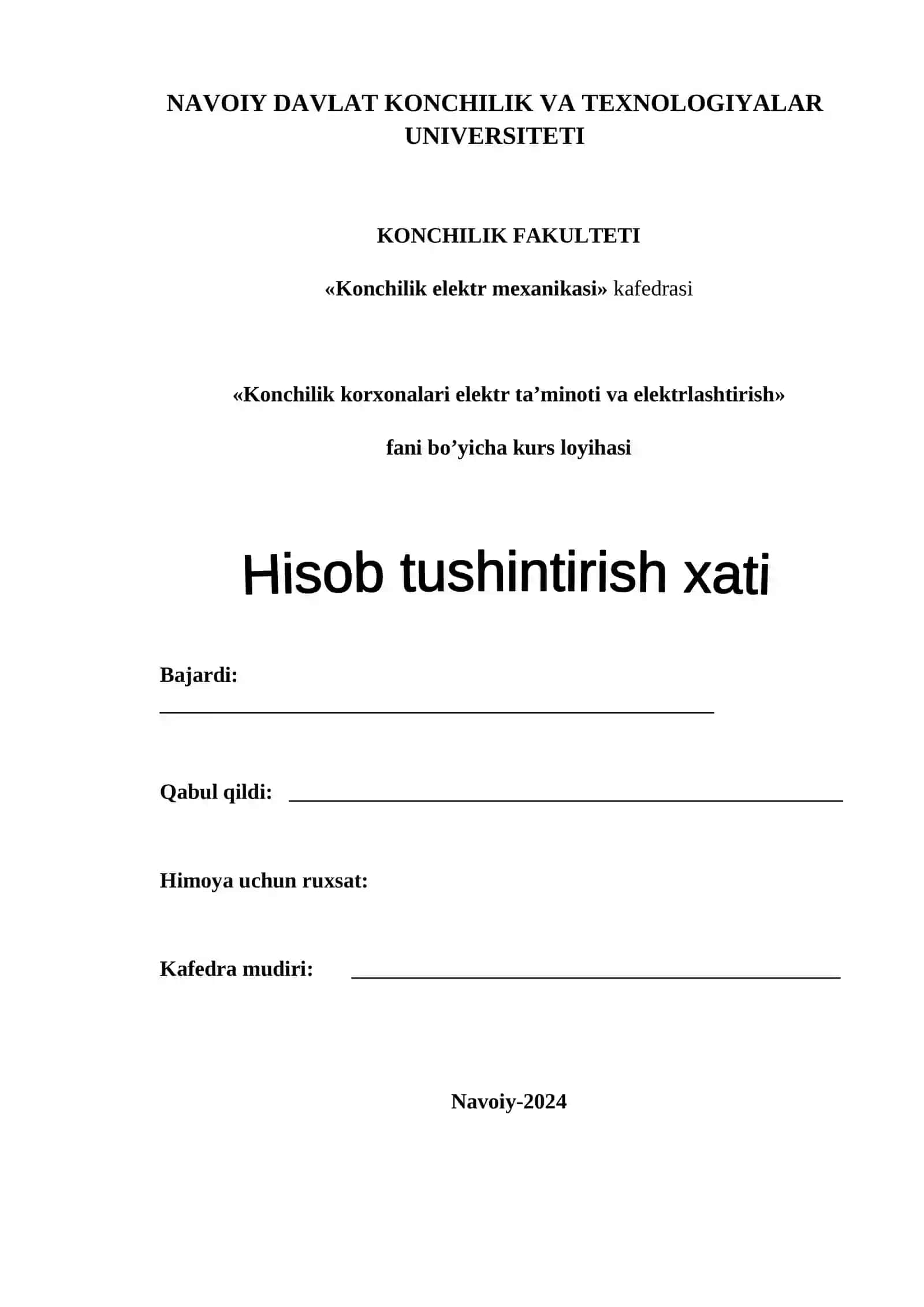 Konchilik elektr mexanikasi kurs loyihasi 2
