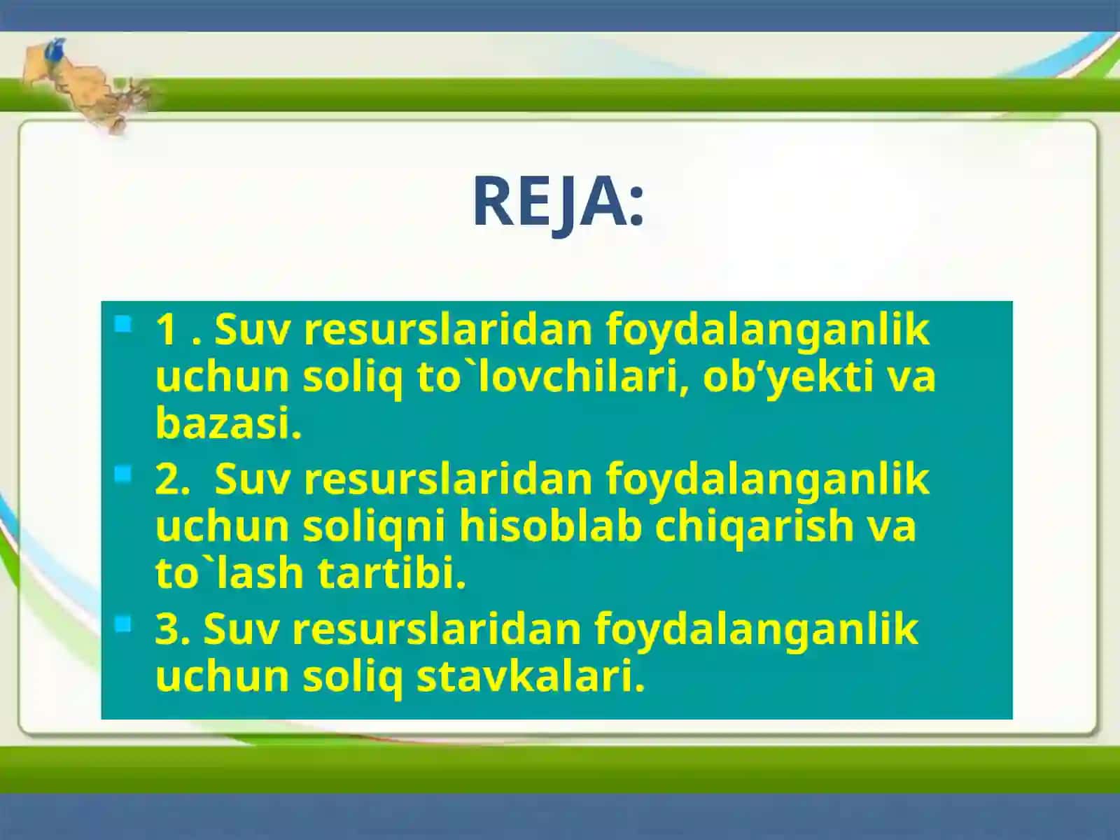 SUV RESURSLARIDAN FOYDALANGANLIK UCHUN SOLIQ ELEMENTLARI 2