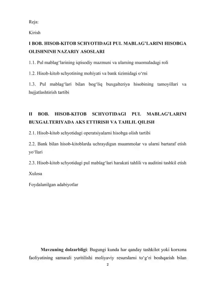 Hisob-kitob schyotidagi pul mablagʻlarini hisobga olish 2