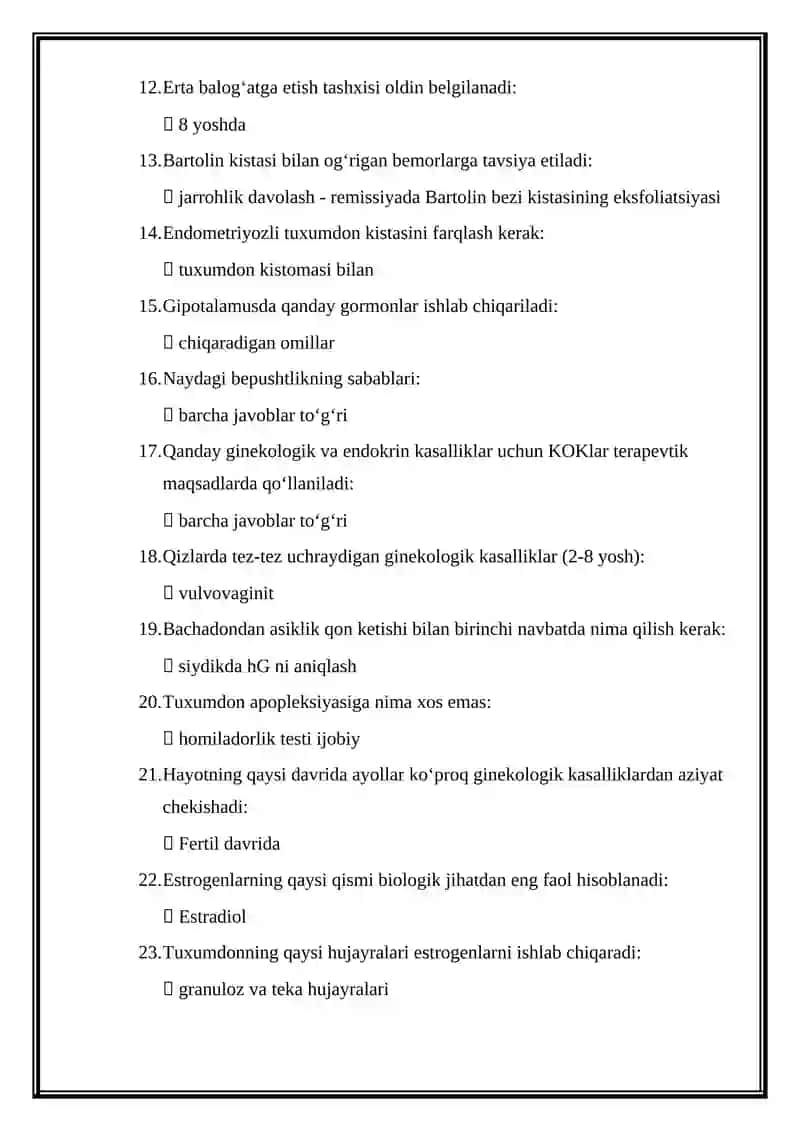 Bolalar va Oʻsmir Qizlar Ginekologiyasi Mutaxassisligi Boʻyicha Shakllantirilgan Test Savollari Roʻyxati 2