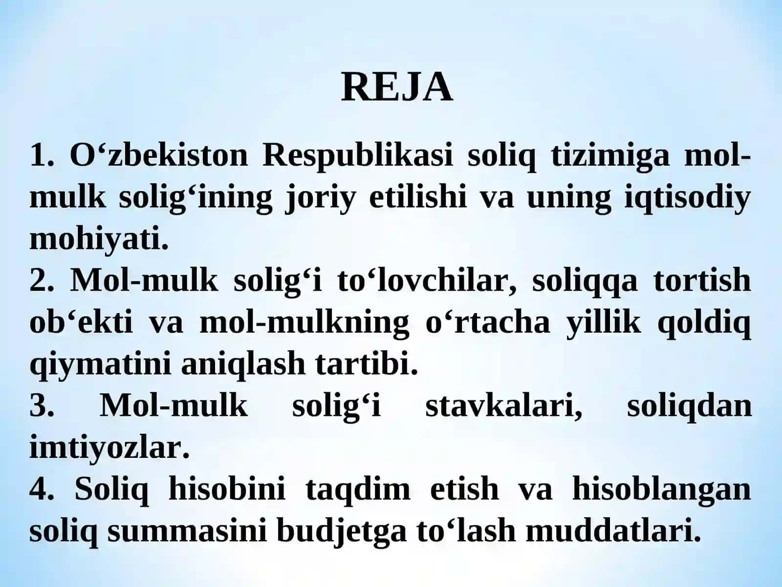 YURIDIK SHAXSLARNING MOL-MULKIGA SOLINADIGAN SOLIQ “SOLIQQA TORTISH” FANI 2