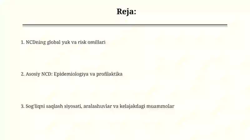 Noyob yuqumli bo'lmagan kasalliklar epidemiologiyasi va profilaktikasi 2