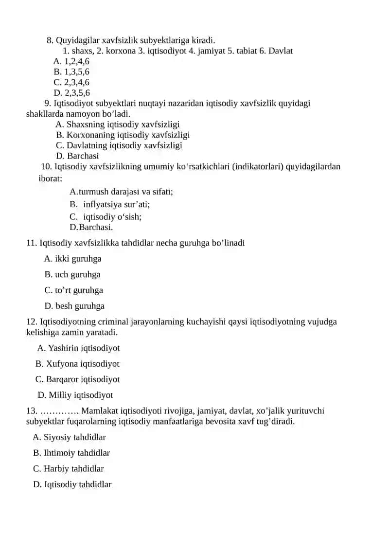 Iqtisodiy xavfsizlik fanidan test savollari 2