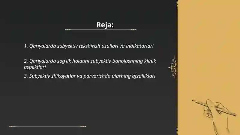 Qariyalarda subektiv tekshirish parvarishda etika diantalogiya 2