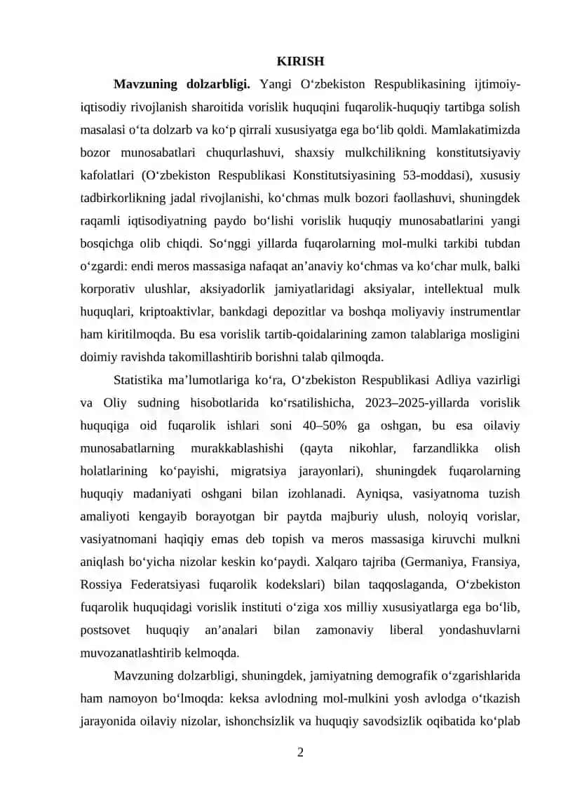 Vasiyat bo‘yicha vorislikni fuqarolik-huquqiy tartibga solishning o'ziga xos xususiyatları 2