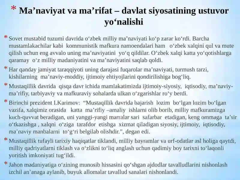 Ma’naviy hayotdagi o‘zgarishlar, madaniy taraqqiyot muammolari 2