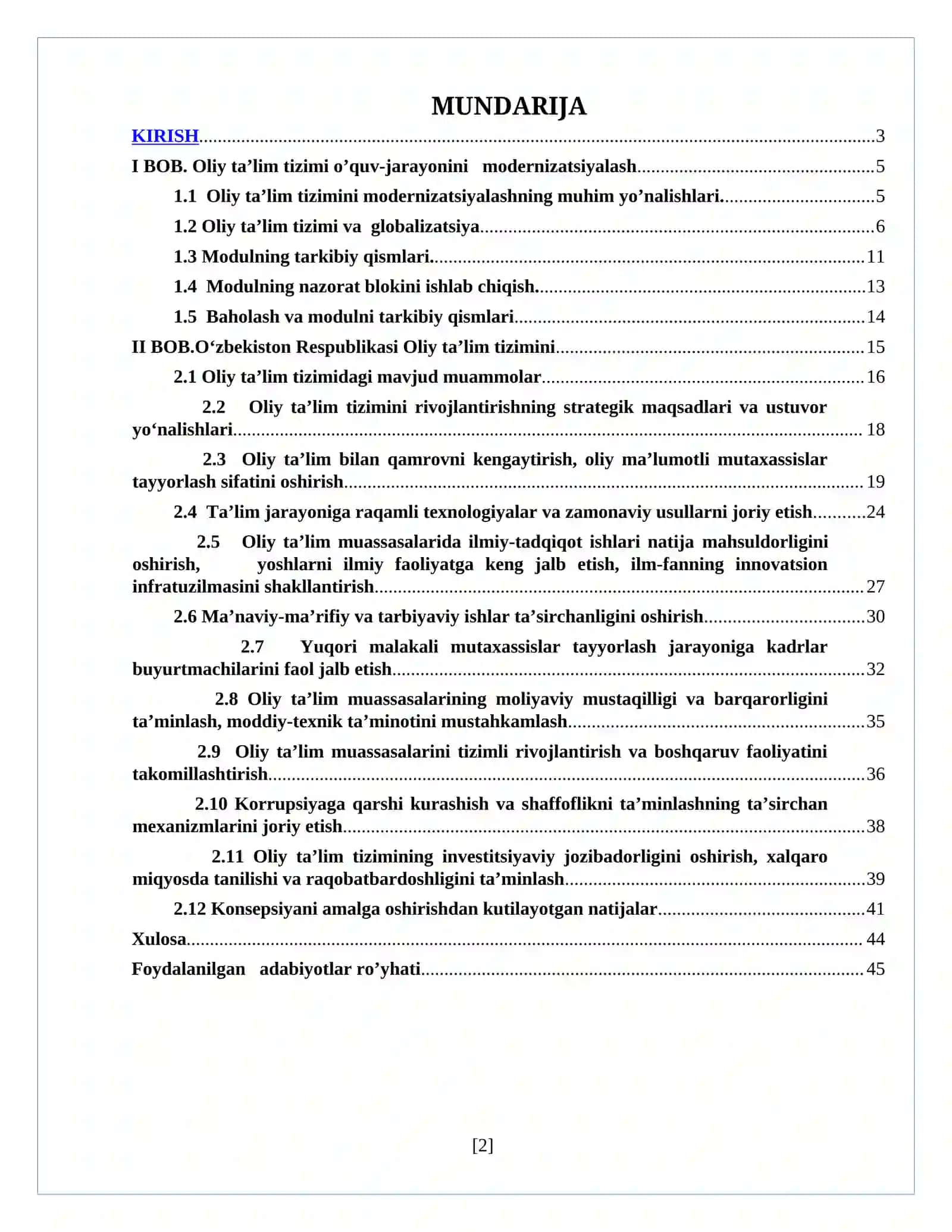 Oliy ta’lim tizimini  o’quv-jarayonlarini modernizatsiyalashning  ustuvor yo’nalishlari 2