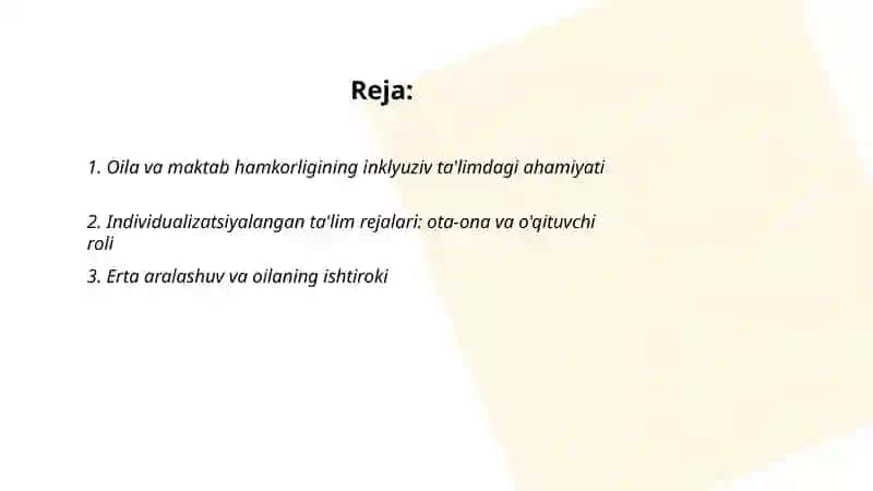 Alohida yordamga muhtoj bolalarni umumta'lim maktabi yoki maktabgacha tashkilotda inklyuziv ta'lim sharoitida o'qitishga moslashishida oila va maktabning o'rni 2